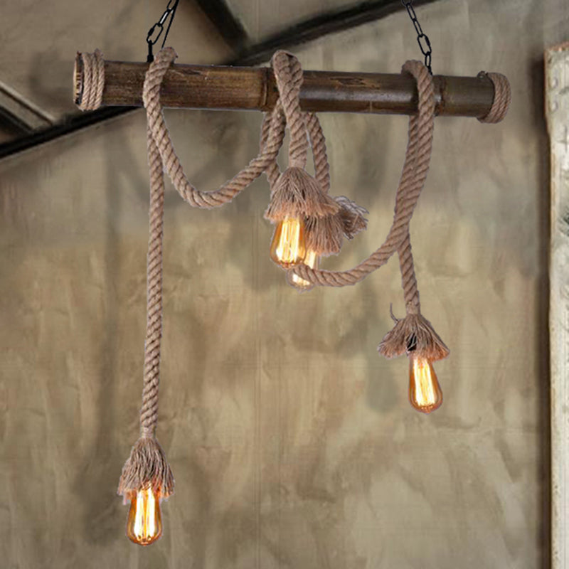 Rope Exposed Bulb Island Pendant Light Industrial 4/8 Light Dining Room Hanging Lamp in Beige 4 Beige Clearhalo 'Ceiling Lights' 'Island Lights' Lighting' 209917