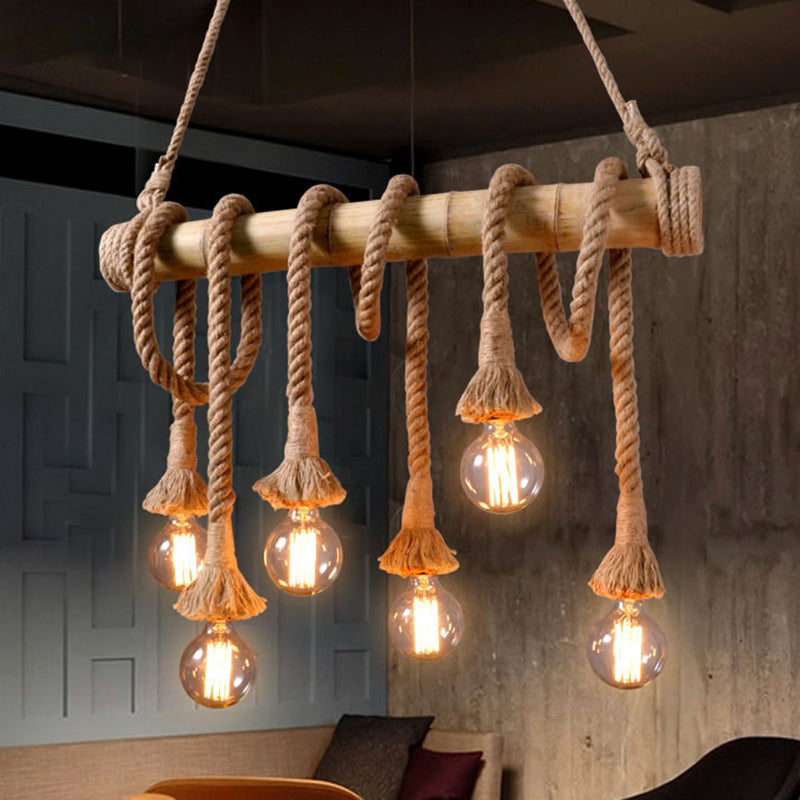 Exposed Bulb Kitchen Pendant Light Fixture Vintage Rope 4/6 Light Beige Hanging Lamp Kit Clearhalo 'Ceiling Lights' 'Island Lights' Lighting' 209930