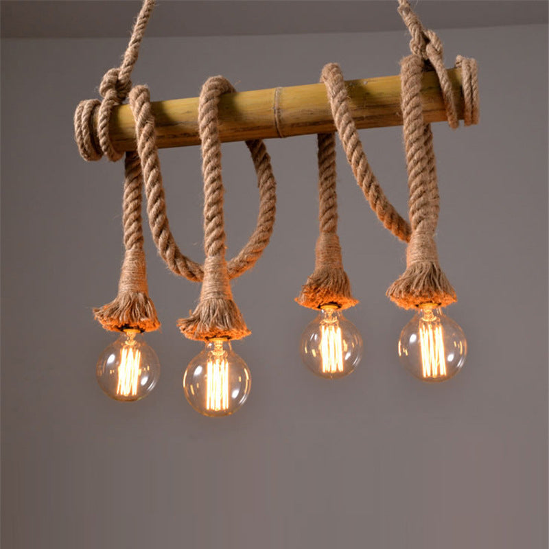 Exposed Bulb Kitchen Pendant Light Fixture Vintage Rope 4/6 Light Beige Hanging Lamp Kit Clearhalo 'Ceiling Lights' 'Island Lights' Lighting' 209934
