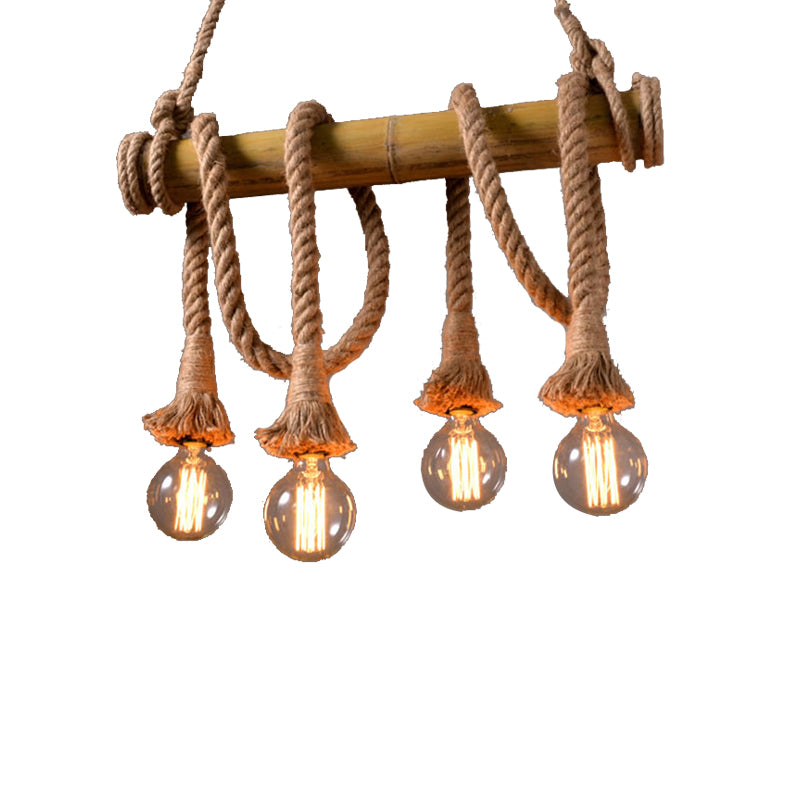 Exposed Bulb Kitchen Pendant Light Fixture Vintage Rope 4/6 Light Beige Hanging Lamp Kit Clearhalo 'Ceiling Lights' 'Island Lights' Lighting' 209935