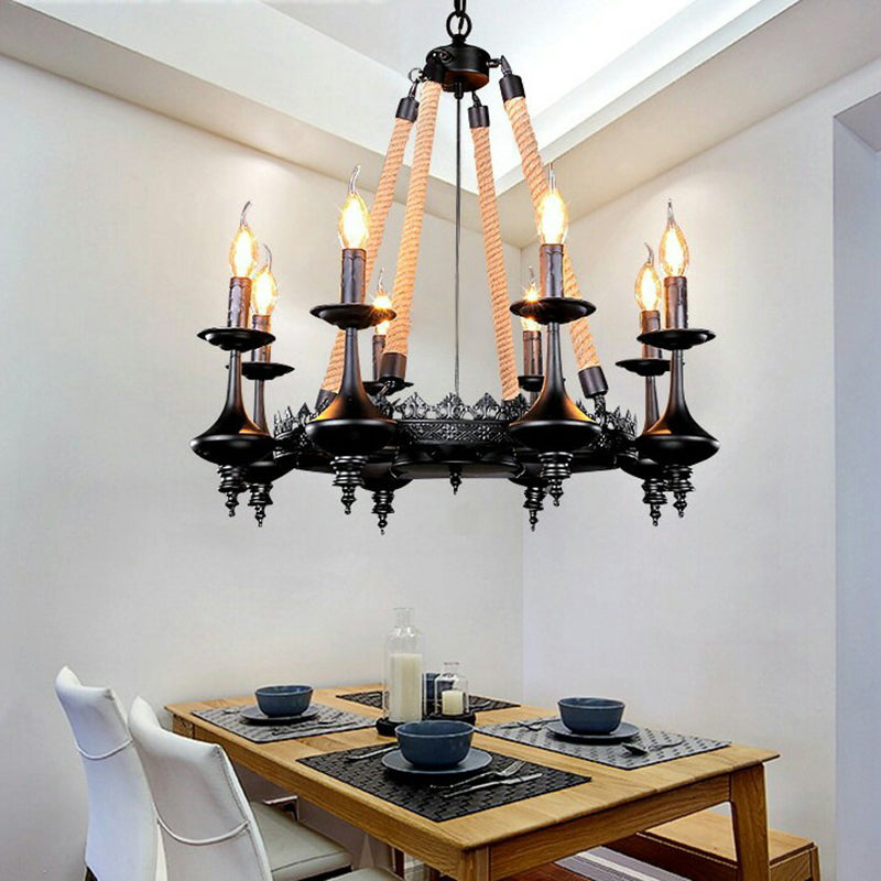 Metal and Rope Pendant Chandelier Rustic 3/6/8 Light Black Candle Dining Room Hanging Ceiling Fixture 8 Black Clearhalo 'Cast Iron' 'Ceiling Lights' 'Chandeliers' 'Industrial Chandeliers' 'Industrial' 'Metal' 'Middle Century Chandeliers' 'Rustic Chandeliers' 'Tiffany' Lighting' 209968