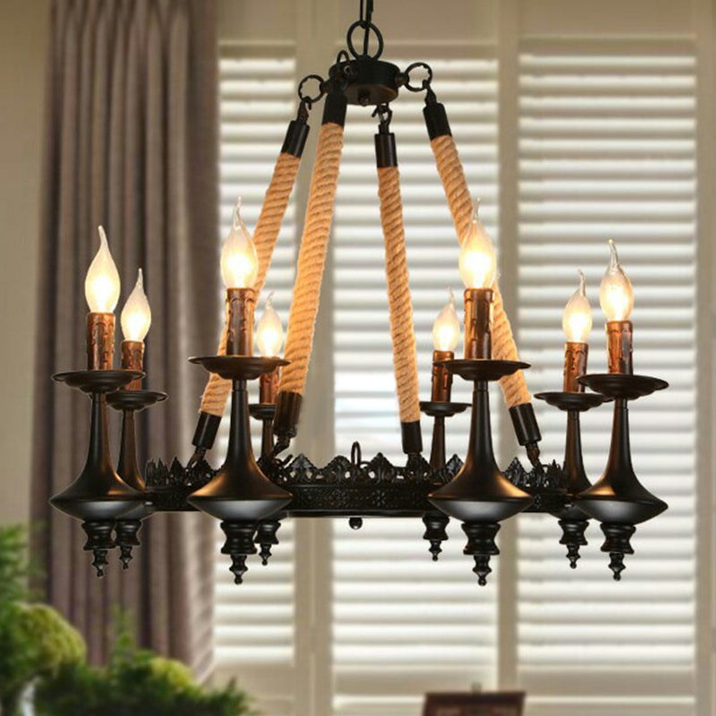 Metal and Rope Pendant Chandelier Rustic 3/6/8 Light Black Candle Dining Room Hanging Ceiling Fixture Clearhalo 'Cast Iron' 'Ceiling Lights' 'Chandeliers' 'Industrial Chandeliers' 'Industrial' 'Metal' 'Middle Century Chandeliers' 'Rustic Chandeliers' 'Tiffany' Lighting' 209969