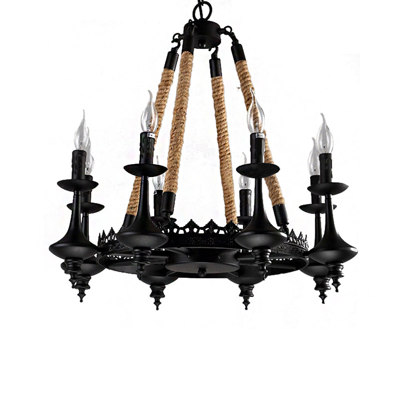 Metal and Rope Pendant Chandelier Rustic 3/6/8 Light Black Candle Dining Room Hanging Ceiling Fixture Clearhalo 'Cast Iron' 'Ceiling Lights' 'Chandeliers' 'Industrial Chandeliers' 'Industrial' 'Metal' 'Middle Century Chandeliers' 'Rustic Chandeliers' 'Tiffany' Lighting' 209970
