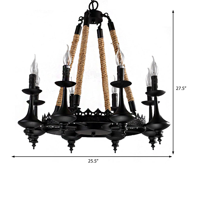 Metal and Rope Pendant Chandelier Rustic 3/6/8 Light Black Candle Dining Room Hanging Ceiling Fixture Clearhalo 'Cast Iron' 'Ceiling Lights' 'Chandeliers' 'Industrial Chandeliers' 'Industrial' 'Metal' 'Middle Century Chandeliers' 'Rustic Chandeliers' 'Tiffany' Lighting' 209971