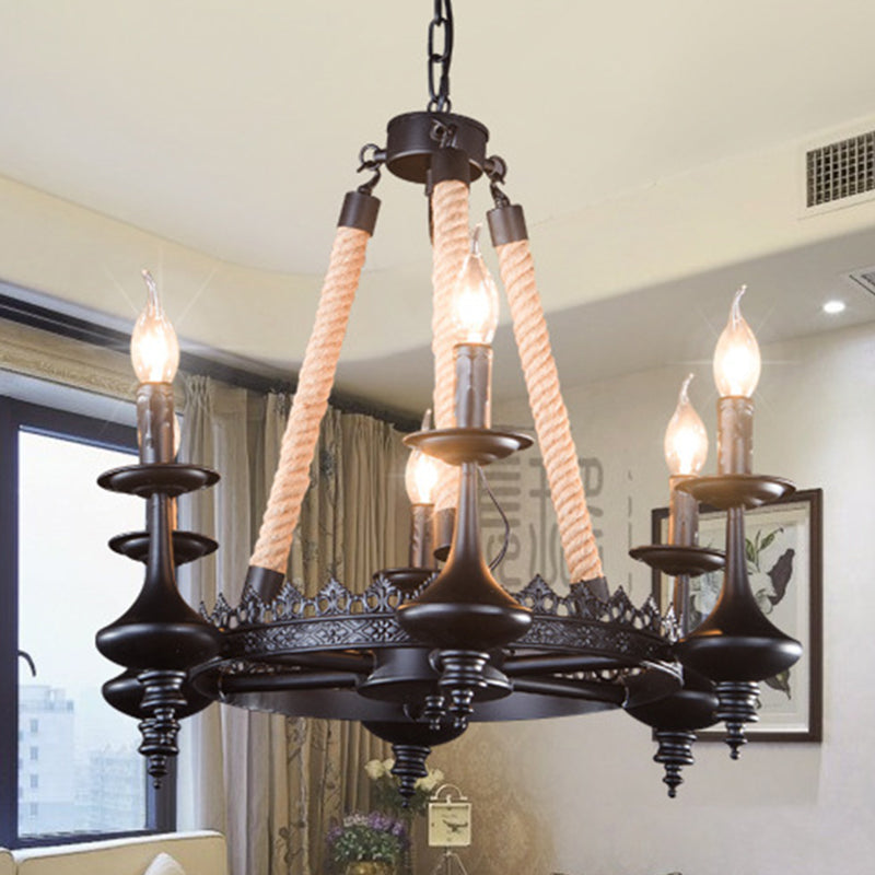 Metal and Rope Pendant Chandelier Rustic 3/6/8 Light Black Candle Dining Room Hanging Ceiling Fixture 6 Black Clearhalo 'Cast Iron' 'Ceiling Lights' 'Chandeliers' 'Industrial Chandeliers' 'Industrial' 'Metal' 'Middle Century Chandeliers' 'Rustic Chandeliers' 'Tiffany' Lighting' 209972