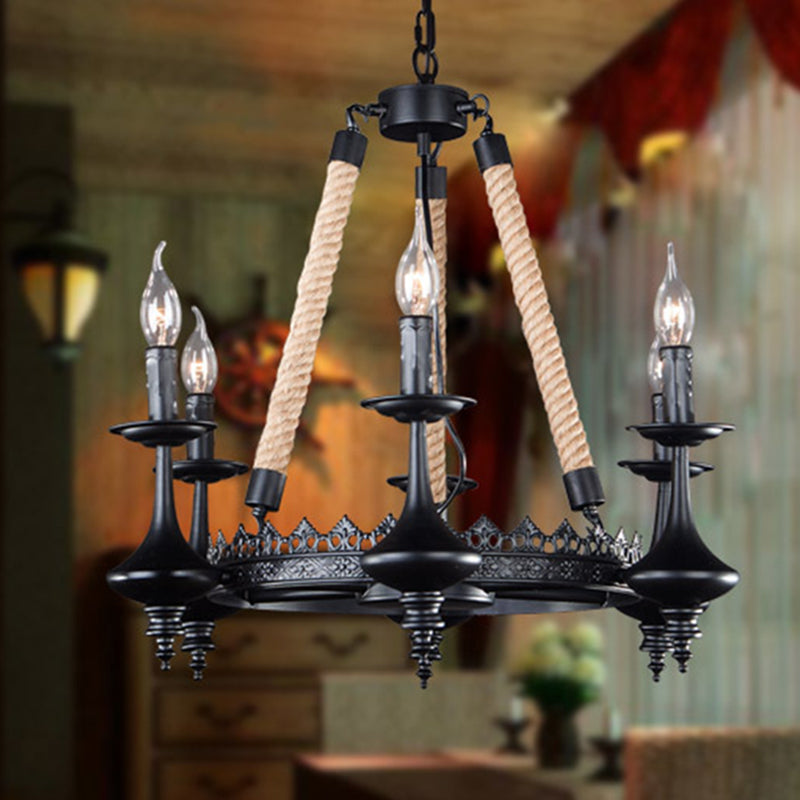 Metal and Rope Pendant Chandelier Rustic 3/6/8 Light Black Candle Dining Room Hanging Ceiling Fixture Clearhalo 'Cast Iron' 'Ceiling Lights' 'Chandeliers' 'Industrial Chandeliers' 'Industrial' 'Metal' 'Middle Century Chandeliers' 'Rustic Chandeliers' 'Tiffany' Lighting' 209973