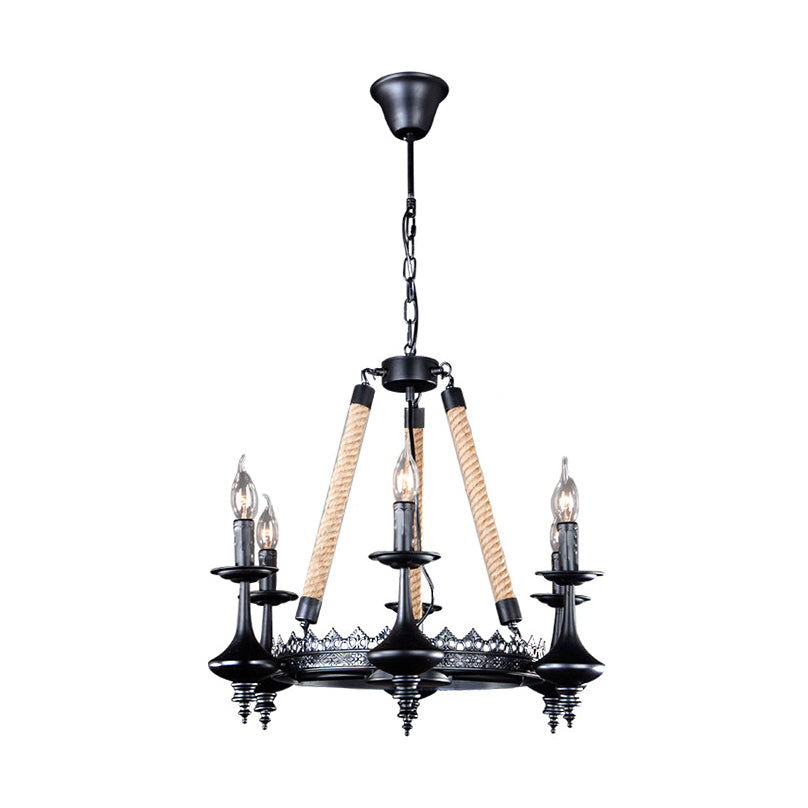 Metal and Rope Pendant Chandelier Rustic 3/6/8 Light Black Candle Dining Room Hanging Ceiling Fixture Clearhalo 'Cast Iron' 'Ceiling Lights' 'Chandeliers' 'Industrial Chandeliers' 'Industrial' 'Metal' 'Middle Century Chandeliers' 'Rustic Chandeliers' 'Tiffany' Lighting' 209974