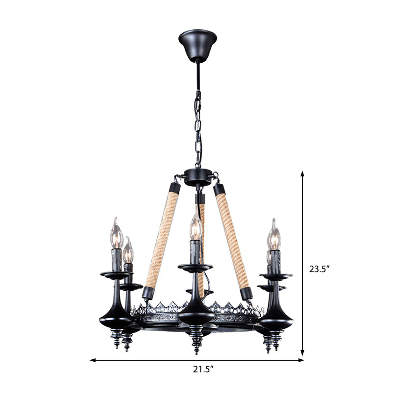 Metal and Rope Pendant Chandelier Rustic 3/6/8 Light Black Candle Dining Room Hanging Ceiling Fixture Clearhalo 'Cast Iron' 'Ceiling Lights' 'Chandeliers' 'Industrial Chandeliers' 'Industrial' 'Metal' 'Middle Century Chandeliers' 'Rustic Chandeliers' 'Tiffany' Lighting' 209975