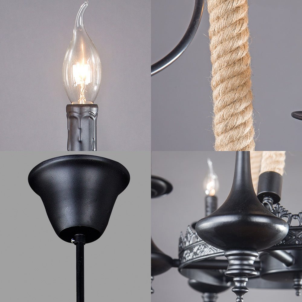 Metal and Rope Pendant Chandelier Rustic 3/6/8 Light Black Candle Dining Room Hanging Ceiling Fixture Clearhalo 'Cast Iron' 'Ceiling Lights' 'Chandeliers' 'Industrial Chandeliers' 'Industrial' 'Metal' 'Middle Century Chandeliers' 'Rustic Chandeliers' 'Tiffany' Lighting' 209976