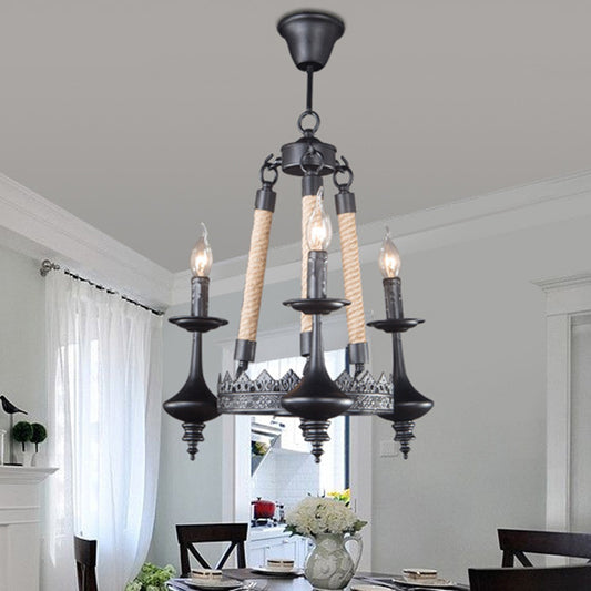 Metal and Rope Pendant Chandelier Rustic 3/6/8 Light Black Candle Dining Room Hanging Ceiling Fixture 3 Black Clearhalo 'Cast Iron' 'Ceiling Lights' 'Chandeliers' 'Industrial Chandeliers' 'Industrial' 'Metal' 'Middle Century Chandeliers' 'Rustic Chandeliers' 'Tiffany' Lighting' 209978