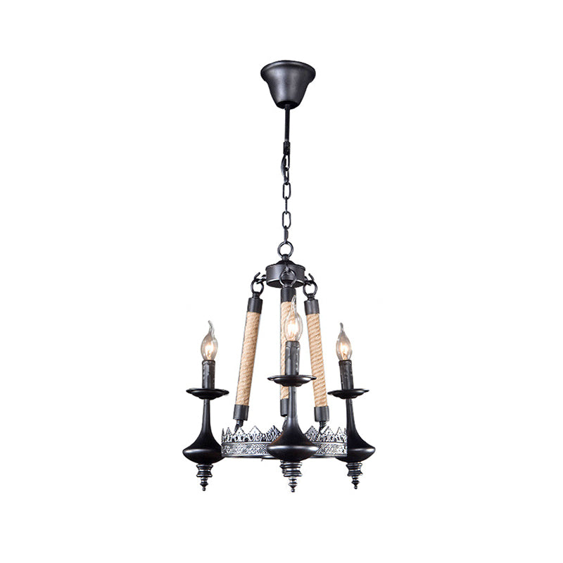 Metal and Rope Pendant Chandelier Rustic 3/6/8 Light Black Candle Dining Room Hanging Ceiling Fixture Clearhalo 'Cast Iron' 'Ceiling Lights' 'Chandeliers' 'Industrial Chandeliers' 'Industrial' 'Metal' 'Middle Century Chandeliers' 'Rustic Chandeliers' 'Tiffany' Lighting' 209979