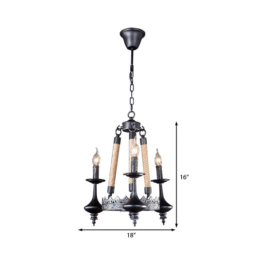 Metal and Rope Pendant Chandelier Rustic 3/6/8 Light Black Candle Dining Room Hanging Ceiling Fixture Clearhalo 'Cast Iron' 'Ceiling Lights' 'Chandeliers' 'Industrial Chandeliers' 'Industrial' 'Metal' 'Middle Century Chandeliers' 'Rustic Chandeliers' 'Tiffany' Lighting' 209980