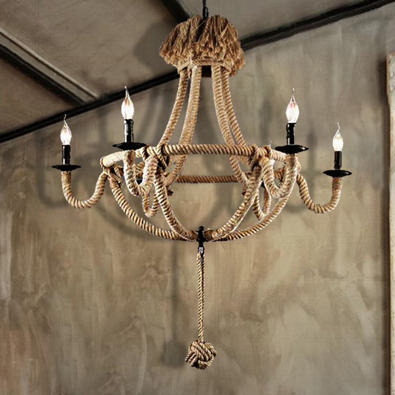 Candle Rope Light Chandelier Rustic Style 3/6 Lights Dining Room Pendant Lighting in Beige 6 Beige Clearhalo 'Ceiling Lights' 'Chandeliers' 'Industrial Chandeliers' 'Industrial' 'Middle Century Chandeliers' 'Tiffany' Lighting' 209989