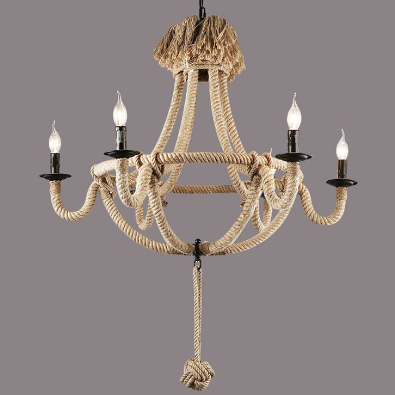Candle Rope Light Chandelier Rustic Style 3/6 Lights Dining Room Pendant Lighting in Beige Clearhalo 'Ceiling Lights' 'Chandeliers' 'Industrial Chandeliers' 'Industrial' 'Middle Century Chandeliers' 'Tiffany' Lighting' 209990