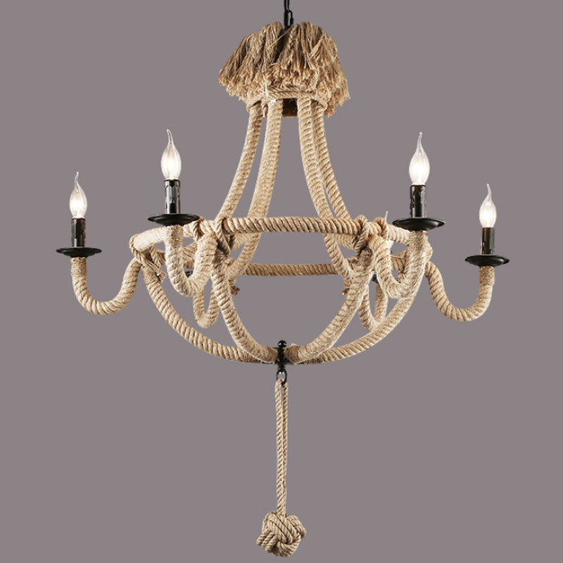 Candle Rope Light Chandelier Rustic Style 3/6 Lights Dining Room Pendant Lighting in Beige Clearhalo 'Ceiling Lights' 'Chandeliers' 'Industrial Chandeliers' 'Industrial' 'Middle Century Chandeliers' 'Tiffany' Lighting' 209990
