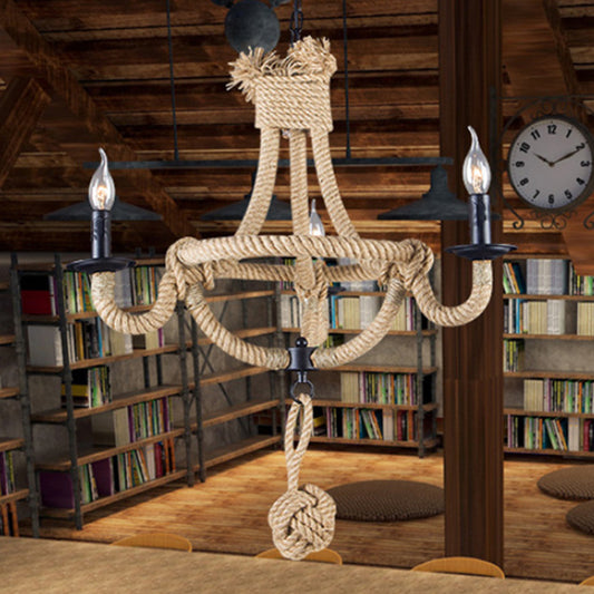 Candle Rope Light Chandelier Rustic Style 3/6 Lights Dining Room Pendant Lighting in Beige 3 Beige Clearhalo 'Ceiling Lights' 'Chandeliers' 'Industrial Chandeliers' 'Industrial' 'Middle Century Chandeliers' 'Tiffany' Lighting' 209993