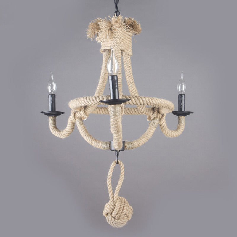 Candle Rope Light Chandelier Rustic Style 3/6 Lights Dining Room Pendant Lighting in Beige Clearhalo 'Ceiling Lights' 'Chandeliers' 'Industrial Chandeliers' 'Industrial' 'Middle Century Chandeliers' 'Tiffany' Lighting' 209994