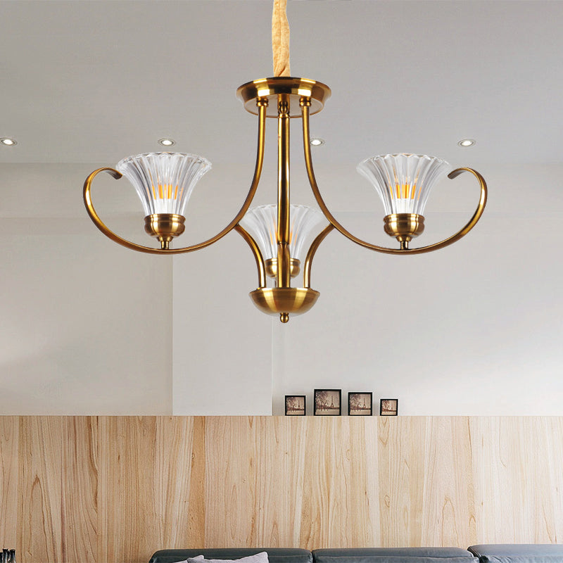 Brass 3/6 Lights Chandelier Light Fixture Classic Clear Ribbed Glass Scroll Pendant Lamp with Bell Shade 3 Brass Clearhalo 'Ceiling Lights' 'Chandeliers' Lighting' options 210019_6b357bcd-c732-4757-817d-b4d2afa0d40e
