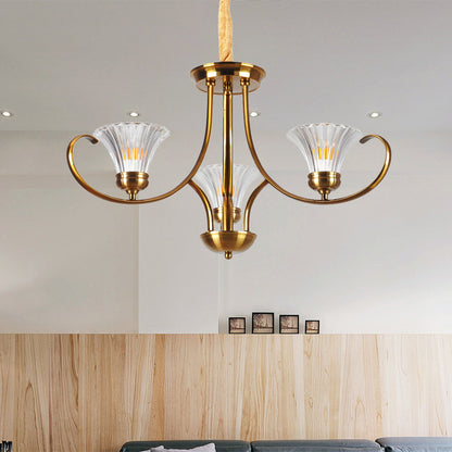 Brass 3/6 Lights Chandelier Light Fixture Classic Clear Ribbed Glass Scroll Pendant Lamp with Bell Shade 3 Brass Clearhalo 'Ceiling Lights' 'Chandeliers' Lighting' options 210019_6b357bcd-c732-4757-817d-b4d2afa0d40e