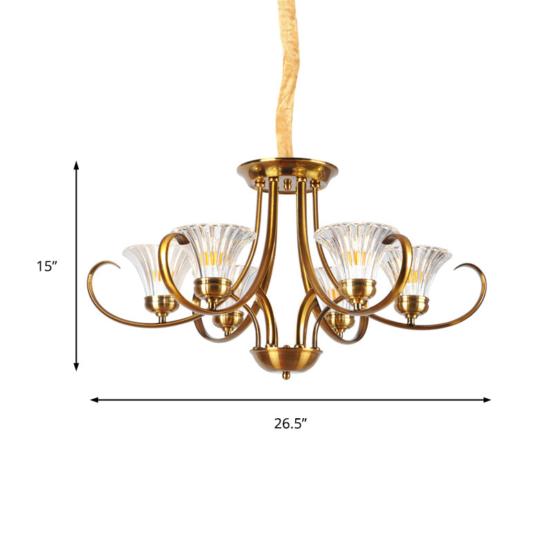 Brass 3/6 Lights Chandelier Light Fixture Classic Clear Ribbed Glass Scroll Pendant Lamp with Bell Shade Clearhalo 'Ceiling Lights' 'Chandeliers' Lighting' options 210025