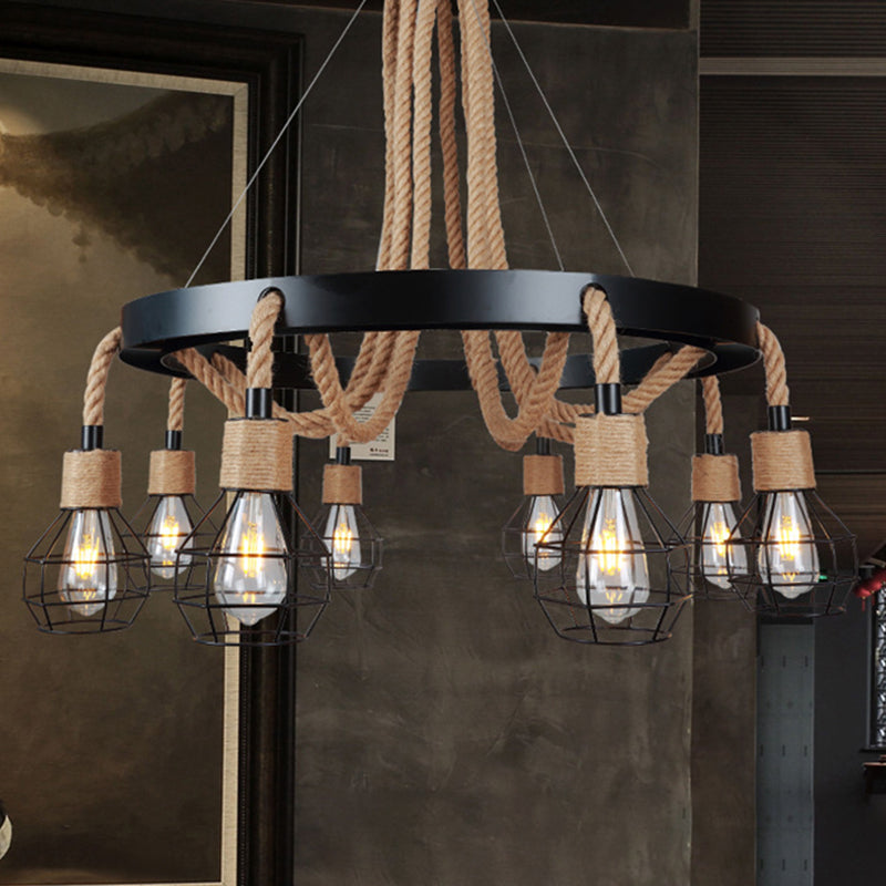 Globe Metal and Rope Chandelier Lighting Rustic 6/8 Light Dining Room Pendant Lighting in Black with Ring 8 Black Clearhalo 'Cast Iron' 'Ceiling Lights' 'Chandeliers' 'Industrial Chandeliers' 'Industrial' 'Metal' 'Middle Century Chandeliers' 'Rustic Chandeliers' 'Tiffany' Lighting' 210028