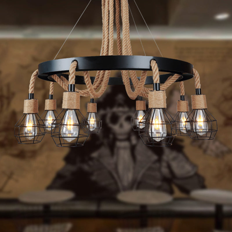 Globe Metal and Rope Chandelier Lighting Rustic 6/8 Light Dining Room Pendant Lighting in Black with Ring Clearhalo 'Cast Iron' 'Ceiling Lights' 'Chandeliers' 'Industrial Chandeliers' 'Industrial' 'Metal' 'Middle Century Chandeliers' 'Rustic Chandeliers' 'Tiffany' Lighting' 210029
