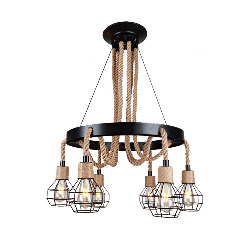 Globe Metal and Rope Chandelier Lighting Rustic 6/8 Light Dining Room Pendant Lighting in Black with Ring Clearhalo 'Cast Iron' 'Ceiling Lights' 'Chandeliers' 'Industrial Chandeliers' 'Industrial' 'Metal' 'Middle Century Chandeliers' 'Rustic Chandeliers' 'Tiffany' Lighting' 210030