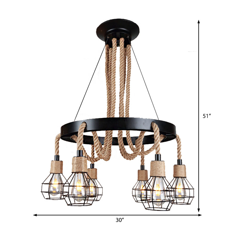 Globe Metal and Rope Chandelier Lighting Rustic 6/8 Light Dining Room Pendant Lighting in Black with Ring Clearhalo 'Cast Iron' 'Ceiling Lights' 'Chandeliers' 'Industrial Chandeliers' 'Industrial' 'Metal' 'Middle Century Chandeliers' 'Rustic Chandeliers' 'Tiffany' Lighting' 210031