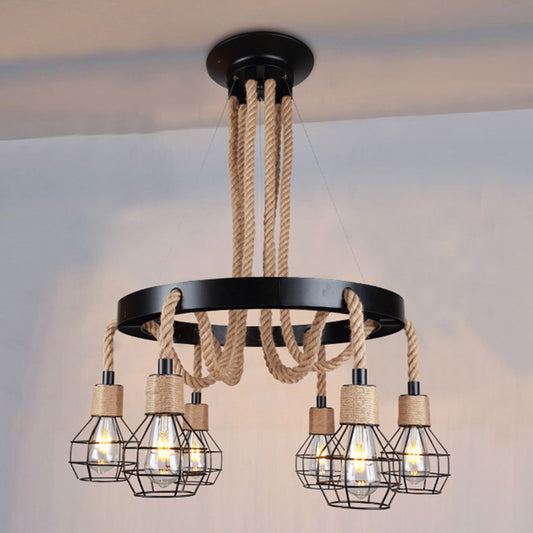 Globe Metal and Rope Chandelier Lighting Rustic 6/8 Light Dining Room Pendant Lighting in Black with Ring 6 Black Clearhalo 'Cast Iron' 'Ceiling Lights' 'Chandeliers' 'Industrial Chandeliers' 'Industrial' 'Metal' 'Middle Century Chandeliers' 'Rustic Chandeliers' 'Tiffany' Lighting' 210032