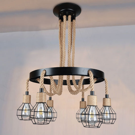 Globe Metal and Rope Chandelier Lighting Rustic 6/8 Light Dining Room Pendant Lighting in Black with Ring Clearhalo 'Cast Iron' 'Ceiling Lights' 'Chandeliers' 'Industrial Chandeliers' 'Industrial' 'Metal' 'Middle Century Chandeliers' 'Rustic Chandeliers' 'Tiffany' Lighting' 210033