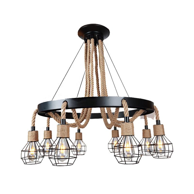 Globe Metal and Rope Chandelier Lighting Rustic 6/8 Light Dining Room Pendant Lighting in Black with Ring Clearhalo 'Cast Iron' 'Ceiling Lights' 'Chandeliers' 'Industrial Chandeliers' 'Industrial' 'Metal' 'Middle Century Chandeliers' 'Rustic Chandeliers' 'Tiffany' Lighting' 210034