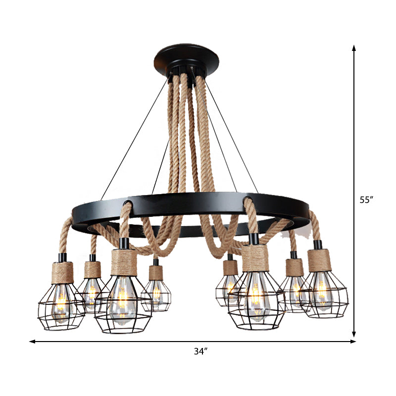 Globe Metal and Rope Chandelier Lighting Rustic 6/8 Light Dining Room Pendant Lighting in Black with Ring Clearhalo 'Cast Iron' 'Ceiling Lights' 'Chandeliers' 'Industrial Chandeliers' 'Industrial' 'Metal' 'Middle Century Chandeliers' 'Rustic Chandeliers' 'Tiffany' Lighting' 210035