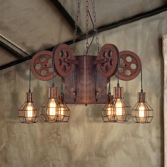 Metal Rust Pendant Lamp Caged Globe 4/6 Light Industrial Chandelier Light Fixture with Gear 6 Rust Clearhalo 'Cast Iron' 'Ceiling Lights' 'Chandeliers' 'Industrial Chandeliers' 'Industrial' 'Metal' 'Middle Century Chandeliers' 'Rustic Chandeliers' 'Tiffany' Lighting' 210044
