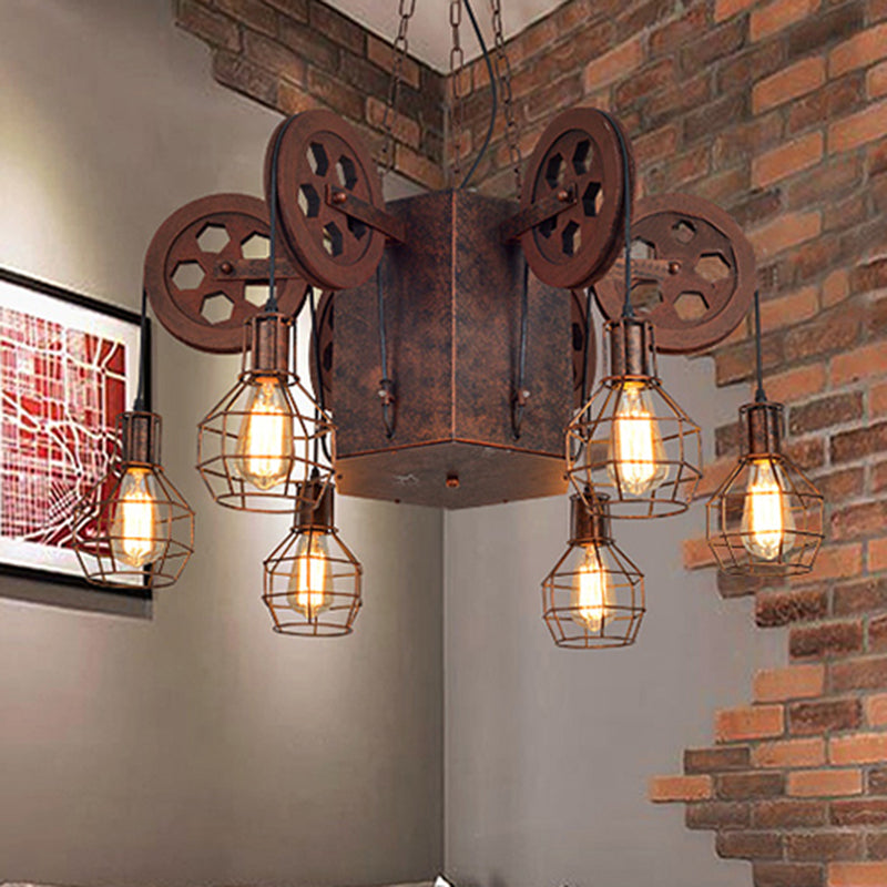 Metal Rust Pendant Lamp Caged Globe 4/6 Light Industrial Chandelier Light Fixture with Gear Clearhalo 'Cast Iron' 'Ceiling Lights' 'Chandeliers' 'Industrial Chandeliers' 'Industrial' 'Metal' 'Middle Century Chandeliers' 'Rustic Chandeliers' 'Tiffany' Lighting' 210045