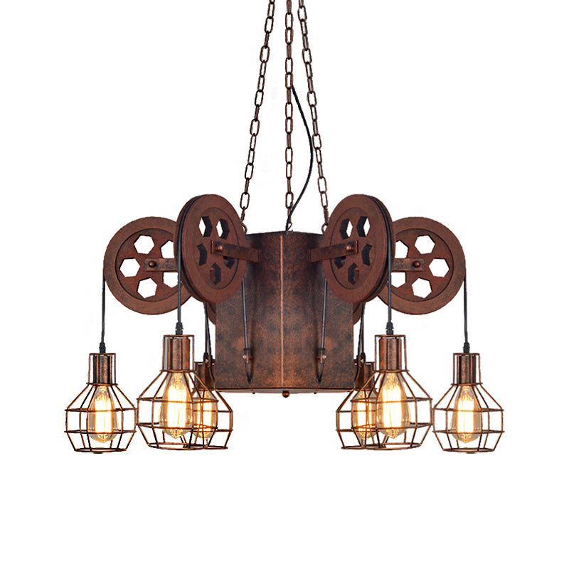 Metal Rust Pendant Lamp Caged Globe 4/6 Light Industrial Chandelier Light Fixture with Gear Clearhalo 'Cast Iron' 'Ceiling Lights' 'Chandeliers' 'Industrial Chandeliers' 'Industrial' 'Metal' 'Middle Century Chandeliers' 'Rustic Chandeliers' 'Tiffany' Lighting' 210046