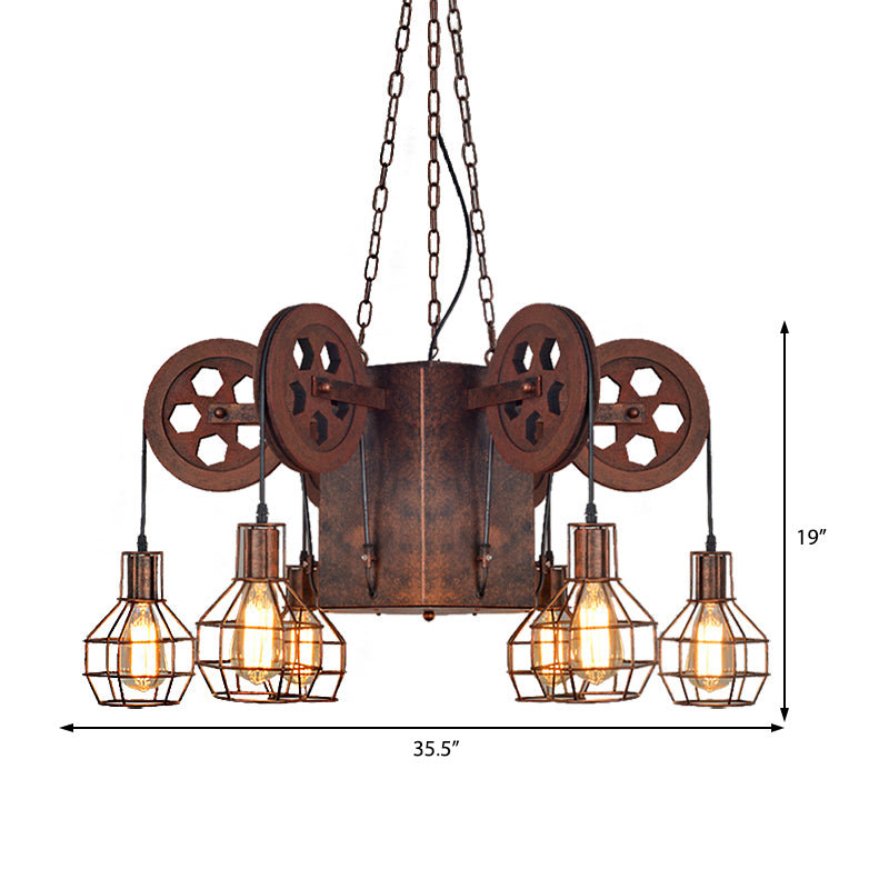 Metal Rust Pendant Lamp Caged Globe 4/6 Light Industrial Chandelier Light Fixture with Gear Clearhalo 'Cast Iron' 'Ceiling Lights' 'Chandeliers' 'Industrial Chandeliers' 'Industrial' 'Metal' 'Middle Century Chandeliers' 'Rustic Chandeliers' 'Tiffany' Lighting' 210047