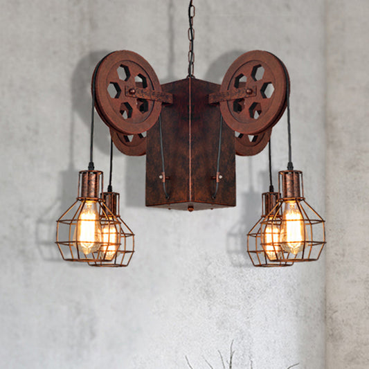 Metal Rust Pendant Lamp Caged Globe 4/6 Light Industrial Chandelier Light Fixture with Gear Clearhalo 'Cast Iron' 'Ceiling Lights' 'Chandeliers' 'Industrial Chandeliers' 'Industrial' 'Metal' 'Middle Century Chandeliers' 'Rustic Chandeliers' 'Tiffany' Lighting' 210048