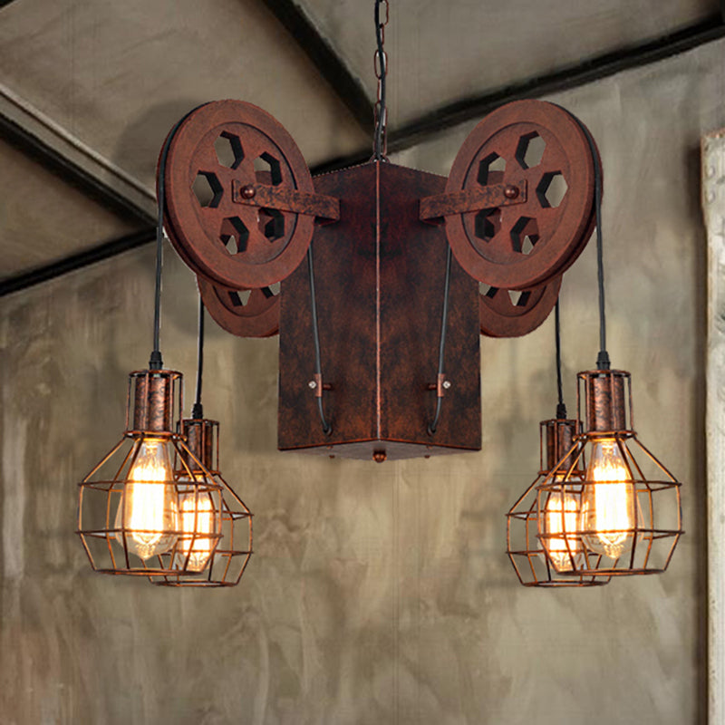 Metal Rust Pendant Lamp Caged Globe 4/6 Light Industrial Chandelier Light Fixture with Gear 4 Rust Clearhalo 'Cast Iron' 'Ceiling Lights' 'Chandeliers' 'Industrial Chandeliers' 'Industrial' 'Metal' 'Middle Century Chandeliers' 'Rustic Chandeliers' 'Tiffany' Lighting' 210049