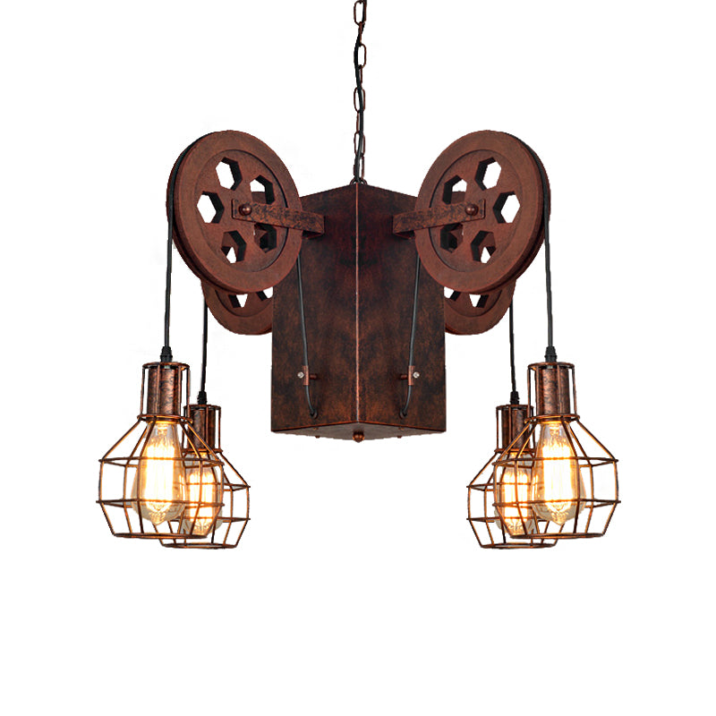 Metal Rust Pendant Lamp Caged Globe 4/6 Light Industrial Chandelier Light Fixture with Gear Clearhalo 'Cast Iron' 'Ceiling Lights' 'Chandeliers' 'Industrial Chandeliers' 'Industrial' 'Metal' 'Middle Century Chandeliers' 'Rustic Chandeliers' 'Tiffany' Lighting' 210050