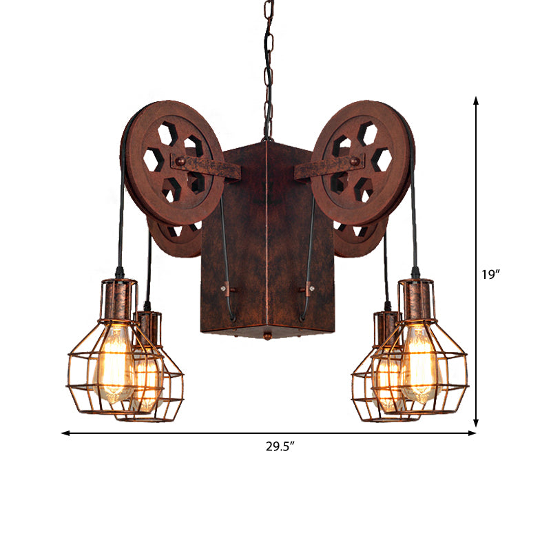 Metal Rust Pendant Lamp Caged Globe 4/6 Light Industrial Chandelier Light Fixture with Gear Clearhalo 'Cast Iron' 'Ceiling Lights' 'Chandeliers' 'Industrial Chandeliers' 'Industrial' 'Metal' 'Middle Century Chandeliers' 'Rustic Chandeliers' 'Tiffany' Lighting' 210051