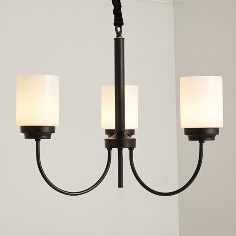 3/6/8 Lights Ceiling Light Traditional Cylinder Opal Glass Hanging Chandelier in Black for Living Room 3 Black Clearhalo 'Ceiling Lights' 'Chandeliers' Lighting' options 210053_7a0bce3d-60e8-4469-9b57-3e9603b4aa20