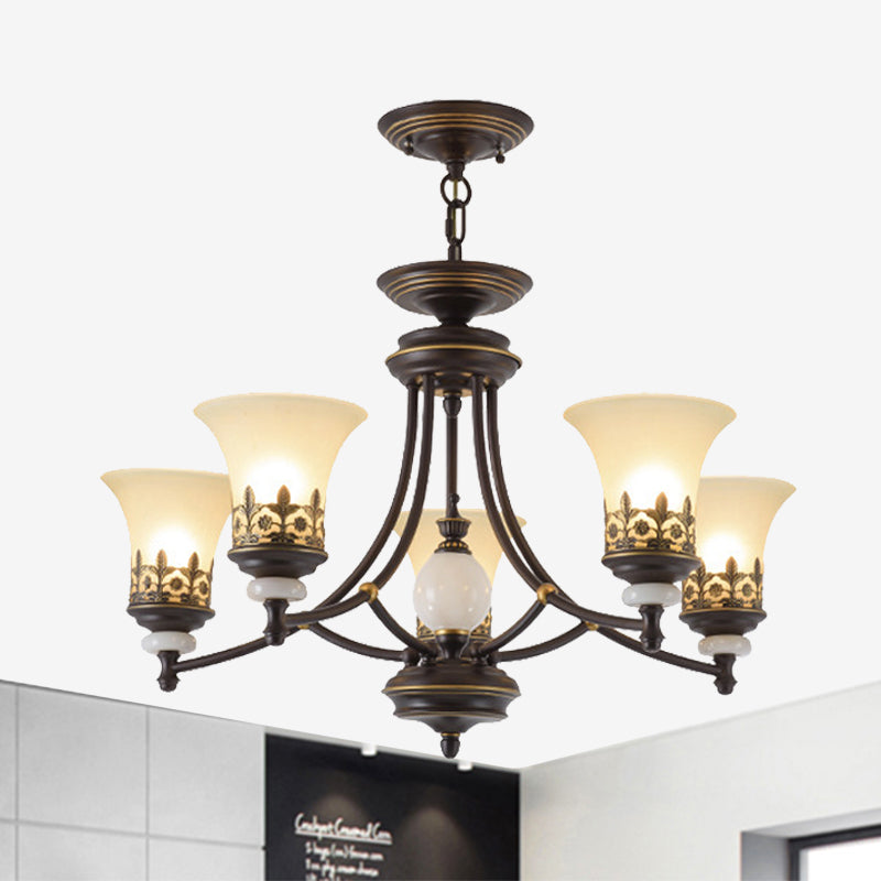 Bronze Bell Chandelier Lamp Traditional Frosted Glass 3/5/6 Lights Living Room Hanging Light 5 Bronze Clearhalo 'Ceiling Lights' 'Chandeliers' 'Glass shade' 'Glass' 'Pendant Lights' Lighting' 210113