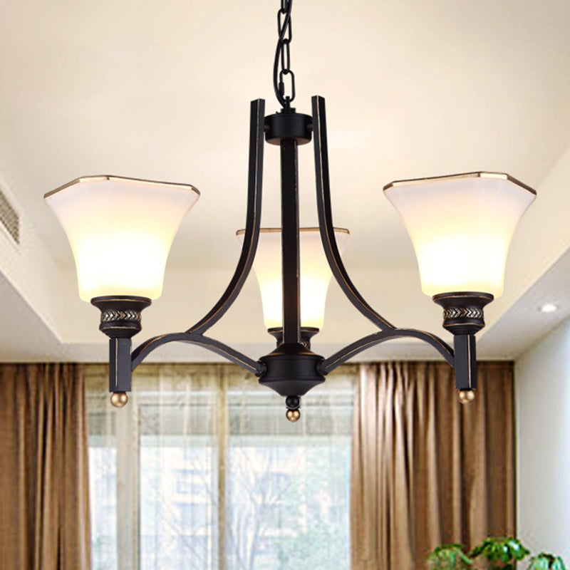 White Glass Bell Hanging Chandelier Traditional 3/6 Lights Living Room Pendant Light in Black 3 Black Clearhalo 'Ceiling Lights' 'Chandeliers' Lighting' options 210153_228feb9f-7bf2-4e35-aa0e-768755622a8c
