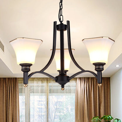 White Glass Bell Hanging Chandelier Traditional 3/6 Lights Living Room Pendant Light in Black 3 Black Clearhalo 'Ceiling Lights' 'Chandeliers' Lighting' options 210153_228feb9f-7bf2-4e35-aa0e-768755622a8c