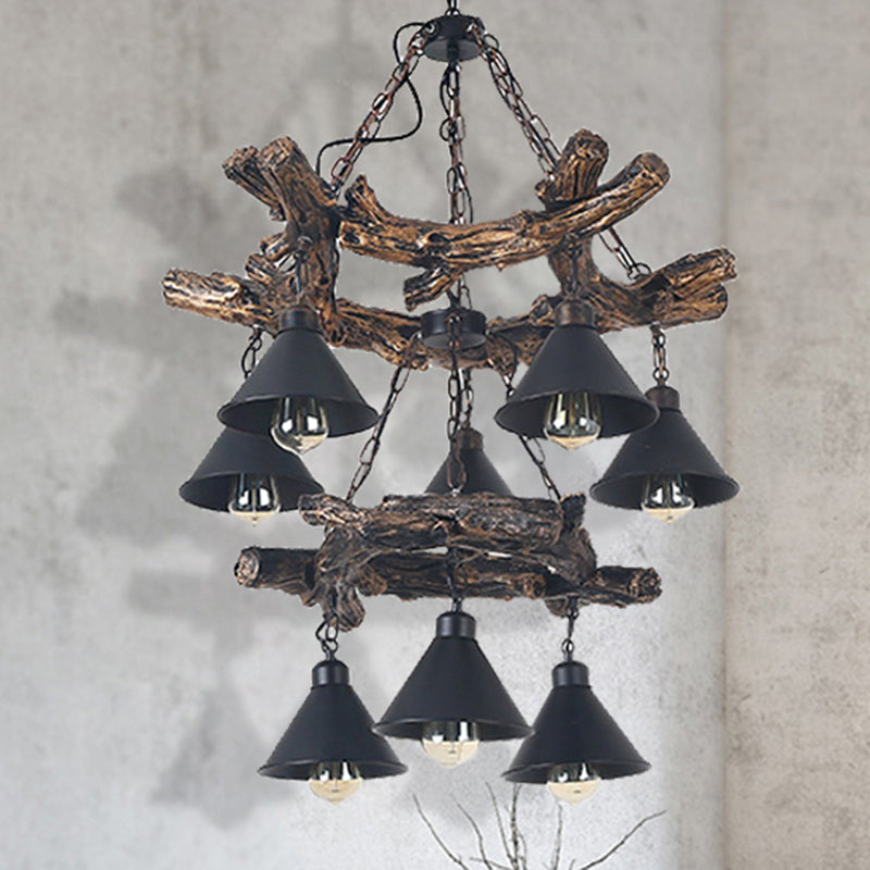 Black Cone Chandelier Lamp Industrial Metal 3/5/8 Light Dining Room Hanging Light with Resin Shelf 8 Black Clearhalo 'Cast Iron' 'Ceiling Lights' 'Chandeliers' 'Industrial Chandeliers' 'Industrial' 'Metal' 'Middle Century Chandeliers' 'Rustic Chandeliers' 'Tiffany' Lighting' 210281