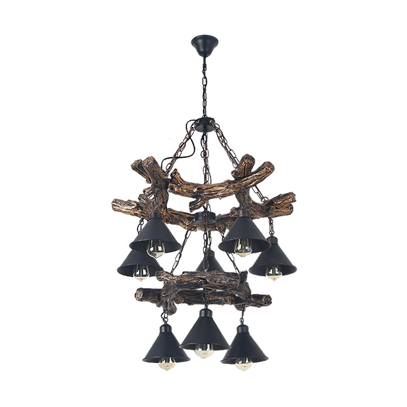 Black Cone Chandelier Lamp Industrial Metal 3/5/8 Light Dining Room Hanging Light with Resin Shelf Clearhalo 'Cast Iron' 'Ceiling Lights' 'Chandeliers' 'Industrial Chandeliers' 'Industrial' 'Metal' 'Middle Century Chandeliers' 'Rustic Chandeliers' 'Tiffany' Lighting' 210283