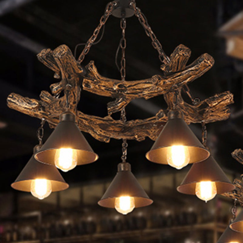 Black Cone Chandelier Lamp Industrial Metal 3/5/8 Light Dining Room Hanging Light with Resin Shelf 5 Black Clearhalo 'Cast Iron' 'Ceiling Lights' 'Chandeliers' 'Industrial Chandeliers' 'Industrial' 'Metal' 'Middle Century Chandeliers' 'Rustic Chandeliers' 'Tiffany' Lighting' 210285