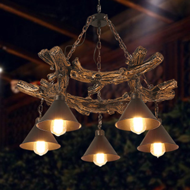 Black Cone Chandelier Lamp Industrial Metal 3/5/8 Light Dining Room Hanging Light with Resin Shelf Clearhalo 'Cast Iron' 'Ceiling Lights' 'Chandeliers' 'Industrial Chandeliers' 'Industrial' 'Metal' 'Middle Century Chandeliers' 'Rustic Chandeliers' 'Tiffany' Lighting' 210286