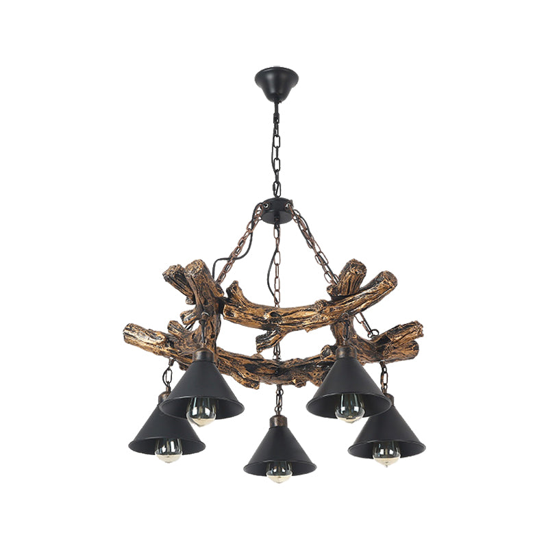 Black Cone Chandelier Lamp Industrial Metal 3/5/8 Light Dining Room Hanging Light with Resin Shelf Clearhalo 'Cast Iron' 'Ceiling Lights' 'Chandeliers' 'Industrial Chandeliers' 'Industrial' 'Metal' 'Middle Century Chandeliers' 'Rustic Chandeliers' 'Tiffany' Lighting' 210287