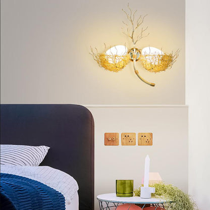 Egg Sconce Light with Gold Nest Design Postmodern White Glass 1 Light Bedside Wall Mounted Light, 19.5"/25.5" Wide Gold 19.5" Clearhalo 'Wall Lamps & Sconces' 'Wall Lights' Lighting' 210310